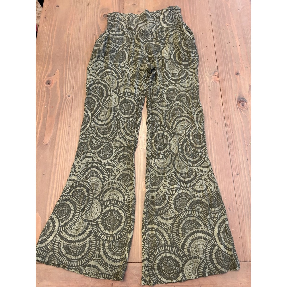 G39 Olive Greenโ Mandala Swirl Wide Leg Smocked Waist Boho Rayon Pants Women S